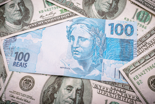 Brazilian Real and US Dollar Close-Up Representing Currency Exchange. global economy, emerging markets