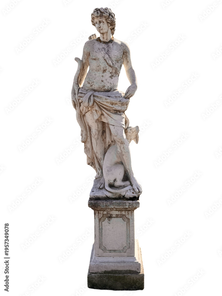 Obraz premium Ancient greek male sculpture with dog on plinth isolated on a white background