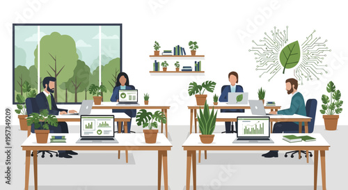 Green Office Environment with Employees Working on Laptops