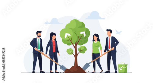 Team Planting Tree, Business Growth, Sustainability Concept