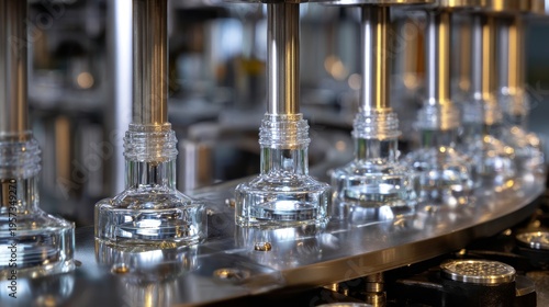 Clear glass bottles line a metal conveyor belt