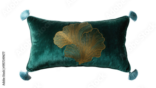Luxurious teal velvet accent throw pillow with elegant gold botanical embroidery and corner tassels
