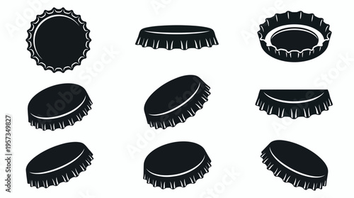 Collection of black beer bottle cap icons and silhouettes in various perspectives isolated on white background, concept for beverage packaging design, brewery marketing and product branding