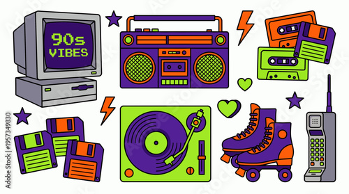Retro 90s nostalgia icons set featuring boombox, CRT computer, vinyl player, roller skates and floppy disks in flat vector style, concept for vintage design, pop culture and retro parties
