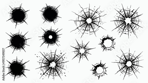 Hand drawn black bullet holes and shattered glass crack marks isolated on a white background, concept for crime scene investigation, military combat training and cinematic poster design