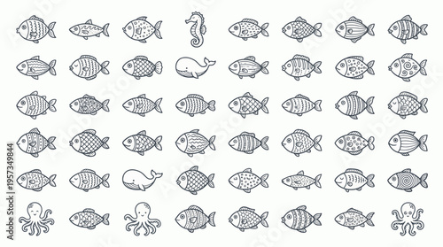 Large set of hand drawn doodle fish and marine animals silhouettes on white background, concept for children educational poster, aquatic wallpaper and decorative nautical art design