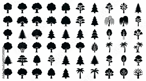 Diverse collection of various black tree silhouettes icons isolated on white background, concept for environmental conservation, landscape architecture and web graphic design elements
