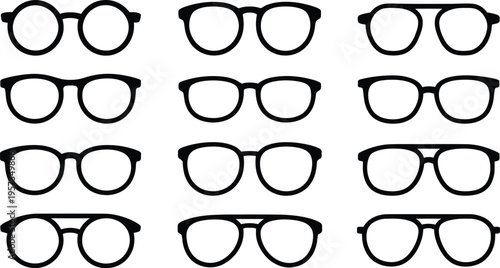 Large collection of twelve black eyeglasses icons with various frame styles and shapes isolated on a white background for design.