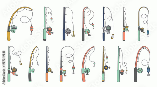 Collection of colorful hand drawn fishing rod icons with spinning reels and hooks isolated on white background, concept for outdoor recreation, fishing tournament and hobby equipment catalog