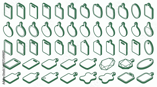 Isometric collection of various wooden cutting board shapes in green line art style isolated on white background, concept for kitchenware catalog, restaurant branding and culinary equipment icons