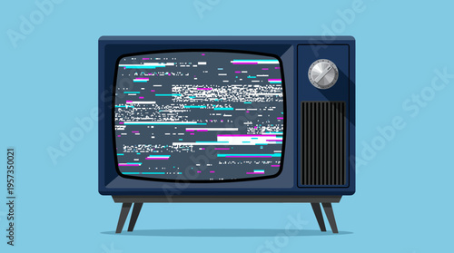 Vintage blue television set with colorful glitch interference and static noise on screen isolated on blue background, concept for retro broadcasting, technical error and nostalgic media design