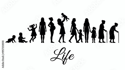 Black silhouette of female human life cycle stages from infancy to senior executive level and retirement on white, concept for professional career path, corporate succession and leadership