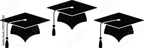 Three black graduation cap icons with tassels arranged in a row isolated on white background for education and university success.