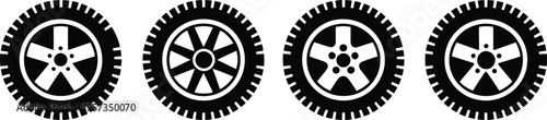 car tire icons with different rim designs isolated on white background for automotive transport and garage.