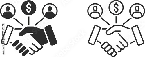 business partnership and financial handshake line icons featuring a deal with people and dollar currency symbols for investment.