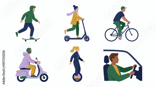 Professional office employees and creative designers using various urban transportation like kick scooter, bicycle and car, concept for sustainable mobility, commuting and corporate travel