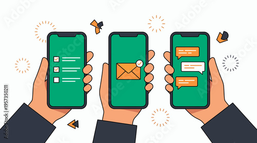 Hands of professional project managers holding smartphones with checklist, email notification and chat app interface, concept for mobile productivity, business communication and digital workflow