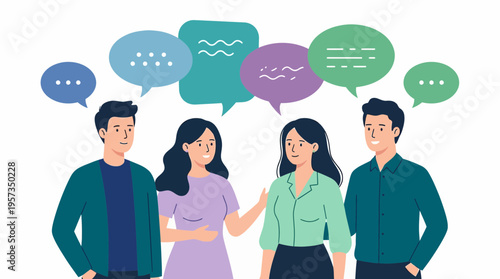 Group of diverse office managers and creative directors talking with speech bubbles on white background, concept for business communication, team brainstorming and corporate networking