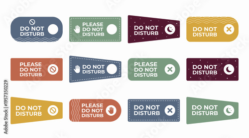 Collection of colorful flat door hanger labels with do not disturb text and icons on white background, concept for hotel hospitality service, office privacy and guest room signage