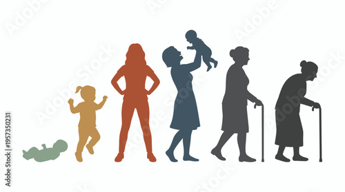 Colorful silhouettes of female life stages from infant to senior executive professional, concept for career progression, human development and life cycle phases