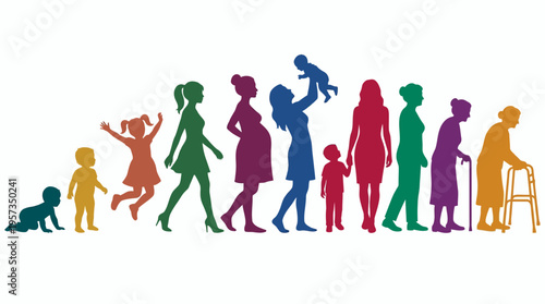 Colorful silhouettes of woman life cycle stages from infant and child to pregnant mother and elderly lady on white background, concept for human growth, aging process and female development