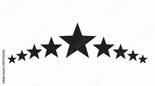 Row of nine black pointed stars arranged in a curved arch shape of varying sizes on a white background, concept for customer rating feedback, quality achievement award and premium service ranking