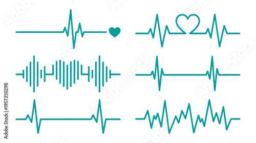 Collection of teal heartbeat pulse line icons with heart shapes on white background, concept for medical healthcare, cardiology monitoring and fitness tracking