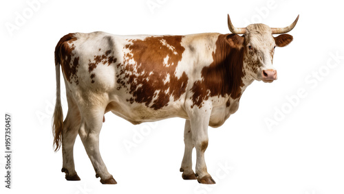 Canvas Print Robust brown and white adult cow with striking horns standing in a full body stu