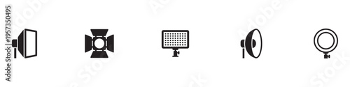 Professional Photo and Video Studio Lighting Equipment Icon Set. Vector Illustration.