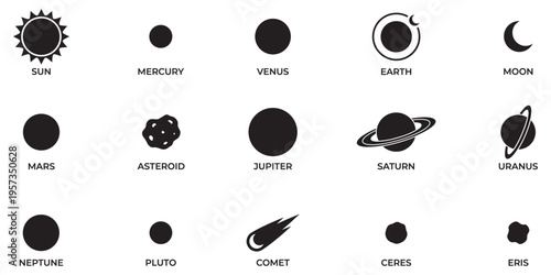 Solar system planets. Astronomical observatory small planet pluto, venus mercury earth moon neptune uranus meteor crater and star universe astronaut sign. Astronomy galaxy space. Vector Illustration.