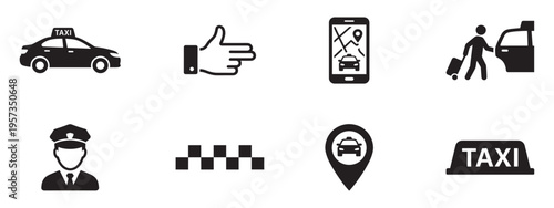 Taxi icon set. Taxi service icon set. Taxi car map pin mark. Black signs of taxi stop place. Vector Illustration. ESP 10