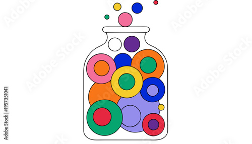 Minimalist thin line jar illustration with floating bubbles, vector glass container icon, fermenting or carbonated liquid symbol isolated on white.