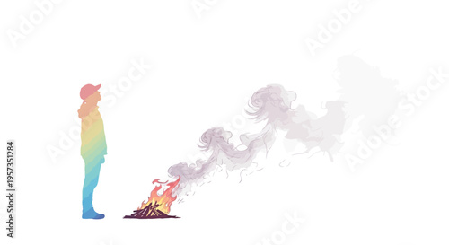 Man watching burning pile of papers.