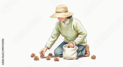 Man collecting nuts in a bag.