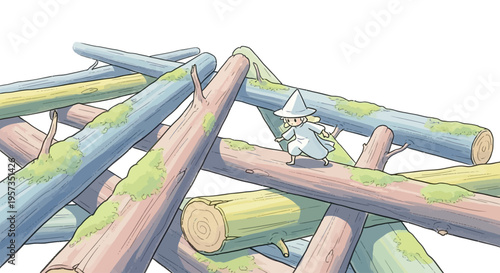 Colorful stacked wooden logs pile high.