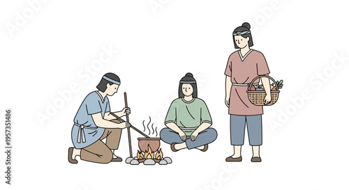 People sitting around a campfire cooking.