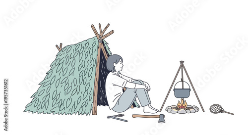 Man sitting in a tent outdoors.
