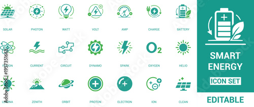 Smart energy flat icon set featuring solar, battery, electricity, circuit, power, renewable, eco, green energy, charge, voltage and clean technology symbols in modern style.