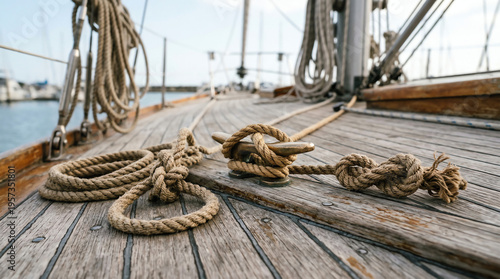 Nautical rope knots tied in hemp and manila rope on weathered teak deck