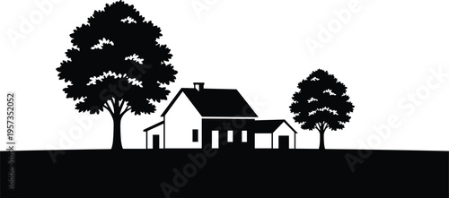 Black silhouette of a farmhouse with two trees on a flat horizon line, minimalist rural landscape icon for country living, nature and agricultural vector design.