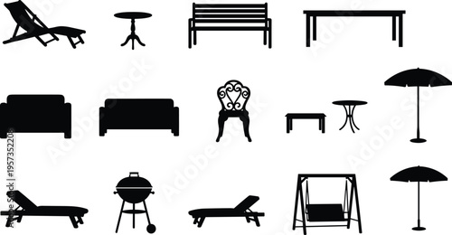 Black silhouettes of outdoor garden furniture icons set including patio chairs tables umbrellas grill and bench isolated on white background for landscape design vector