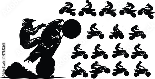 Black silhouette vector illustration of a professional stunt rider performing a high wheelie on an ATV quad bike with multiple action sequence motion poses.
