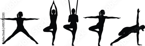 Black Yoga Silhouette Collection Set Featuring Woman in Tree Pose Warrior Two Side Plank and Aerial Yoga Exercises Isolated on White Background for Wellness