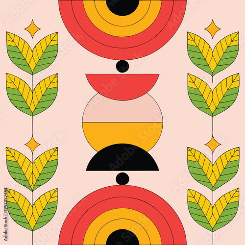 Bold geometric forms create a harmonious and aesthetically pleasing pattern. The interplay of vibrant colors and shapes evokes a sense of balance and sophistication.