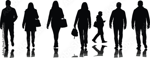 Silhouettes of people walking forward, diverse urban pedestrians with bags and mobile device, black and white artwork, daily life illustration