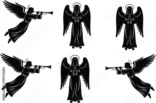 Set of black angel silhouettes with wings and halos in praying and trumpet playing poses isolated on white background for religious graphic design projects.