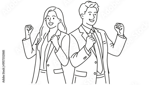 Businessman and businesswoman in a celebratory pose with fists raised high