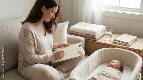 Mother writing baby routine notes while newborn sleeps at home