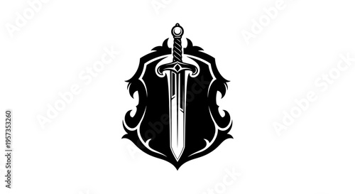 Black and white emblem with a sword and shield, medieval knight symbol