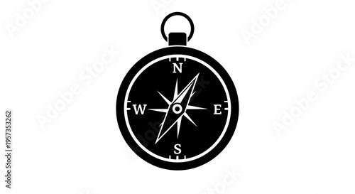 Black and white compass icon with cardinal directions, symbolizing navigation and direction